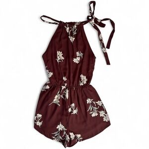 Audrey 3+1 Floral Romper Small Halter Neck Tie Strap Burgundy Boho Summer